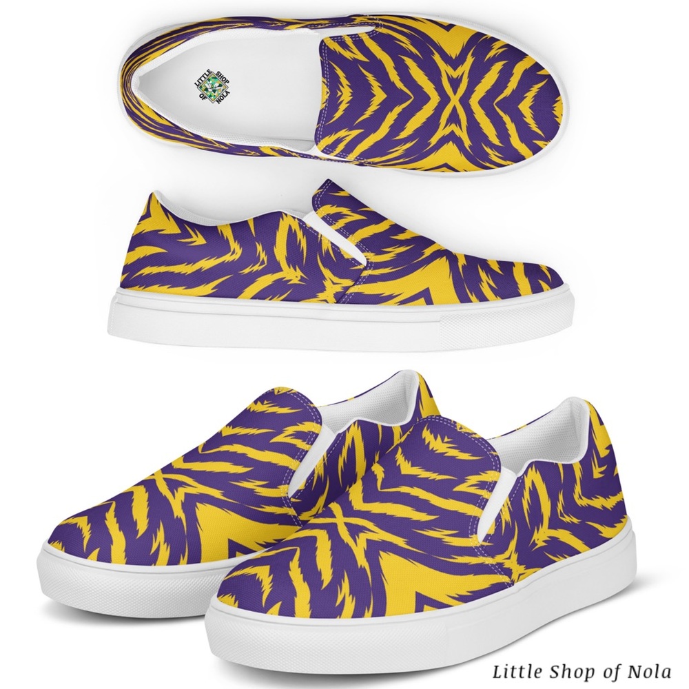 NEW Purple Gold Tiger Stripes Game Day Womens Comfy Slip On Shoes - Picture 10 of 16